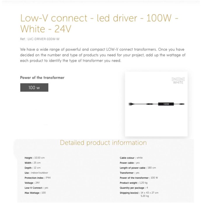 100W low-v connect driver 24v white cable specs