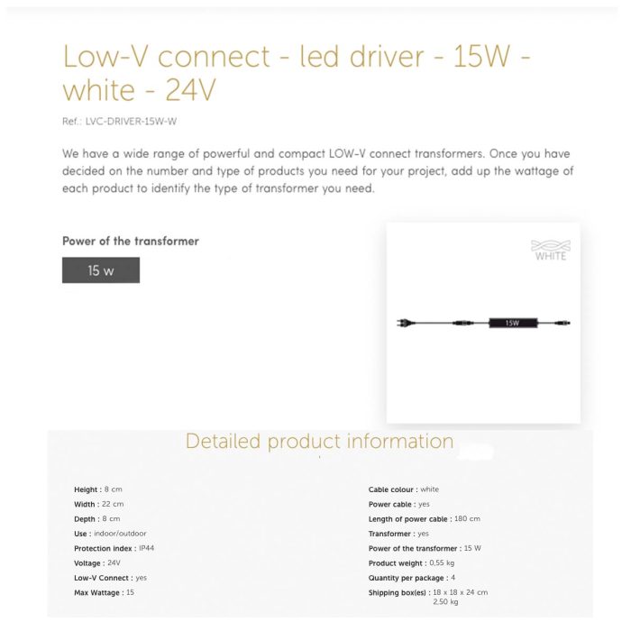 15W low-v connect driver 24v white cable specs