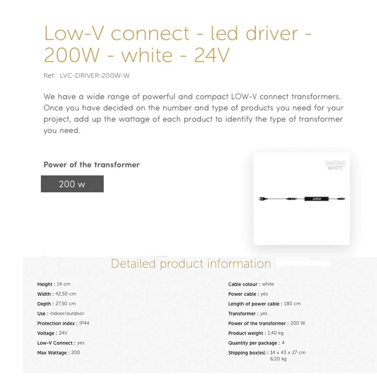 200W low-v connect driver 24v white cable specs