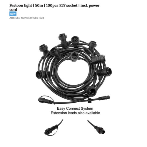 Festoon light | 50m | 100pcs E27 socket | incl. power cord